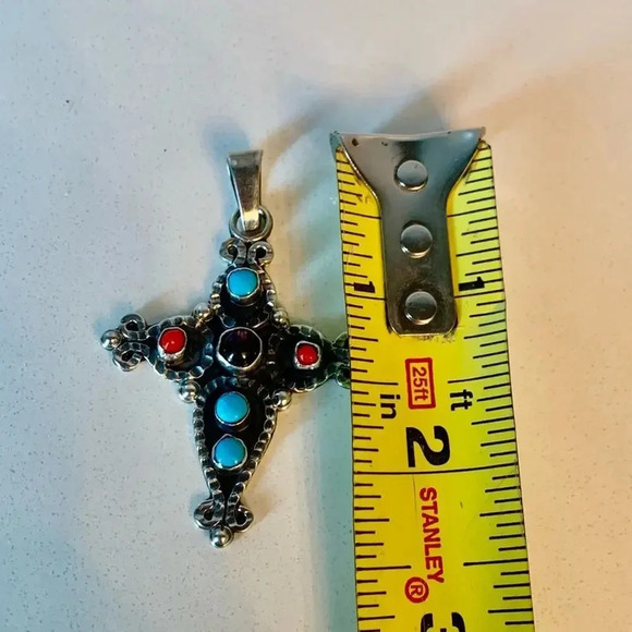 Vintage (?) Mexico Sterling 925 Turquoise Coral MATL Style Cross Pendant - Picture 5 of 5